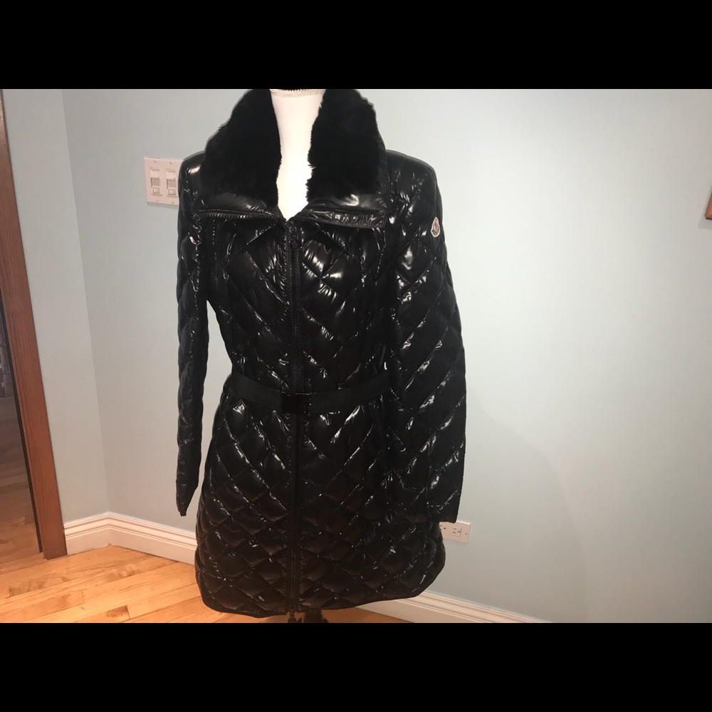 Moncler Shiny Black Puffer Coat with Fur Collar